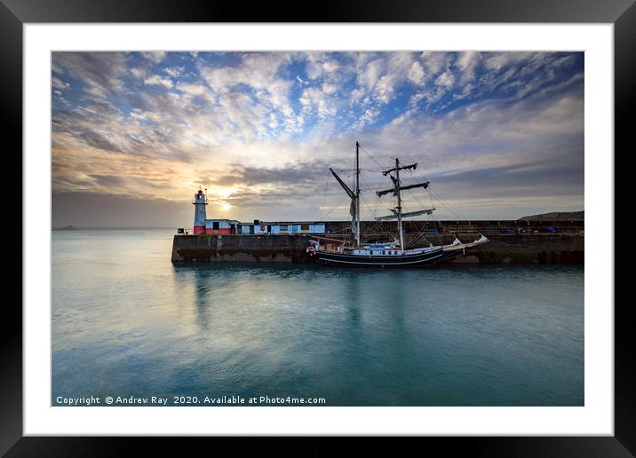 Lighthouse and tall ship (Newlyn) Framed Mounted Print by Andrew Ray