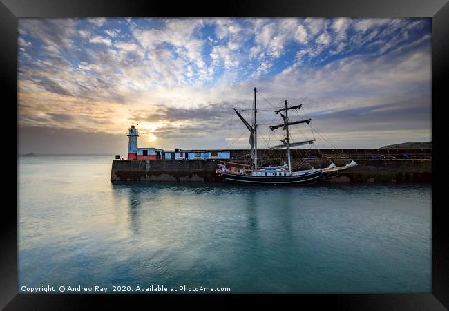 Lighthouse and tall ship (Newlyn) Framed Print by Andrew Ray