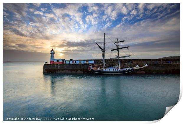 Lighthouse and tall ship (Newlyn) Print by Andrew Ray