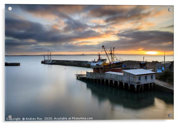 Sunrise over the dry dock at Newlyn Acrylic by Andrew Ray