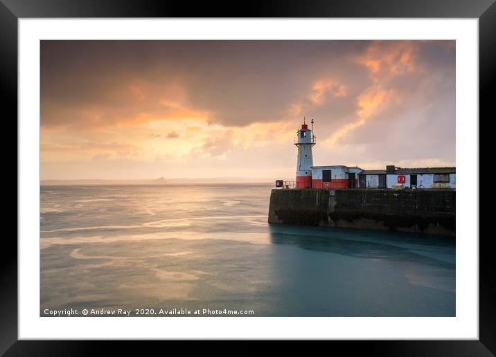 Newlyn Lighthouse at sunrise Framed Mounted Print by Andrew Ray