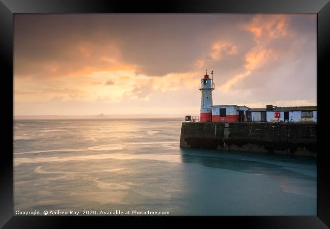 Newlyn Lighthouse at sunrise Framed Print by Andrew Ray