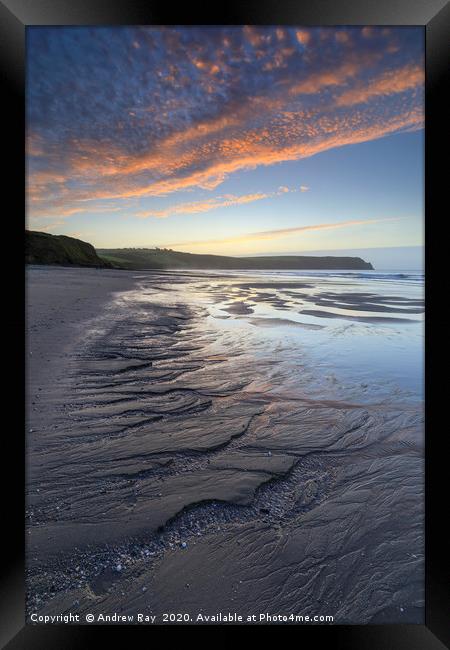 Sunrise over Pendower Beach Framed Print by Andrew Ray