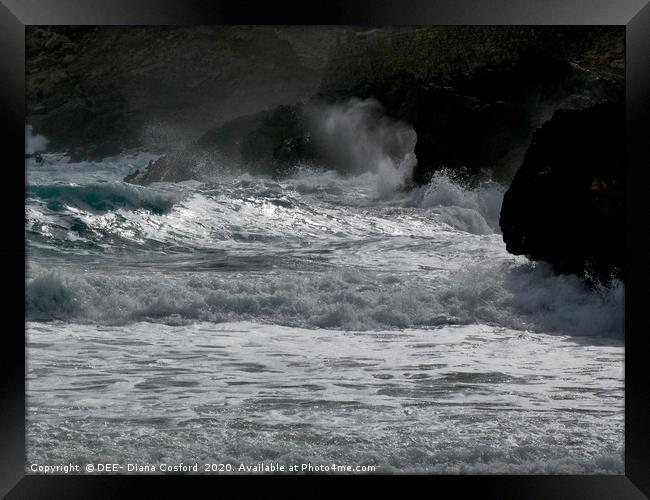 Unusually fierce waves & dramatic shoreline, Cala  Framed Print by DEE- Diana Cosford