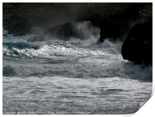 Unusually fierce waves & dramatic shoreline, Cala  Print by DEE- Diana Cosford