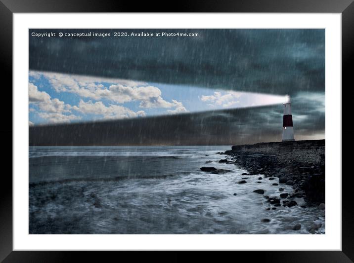 Lighthouse emitting beam of blue sky  Framed Mounted Print by conceptual images