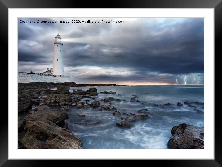 A view of a lighthouse a storm Framed Mounted Print by conceptual images