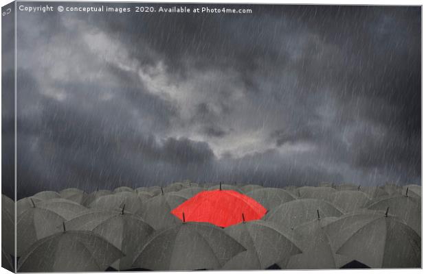 A red Umbrella surrounded by black umbrellas Canvas Print by conceptual images