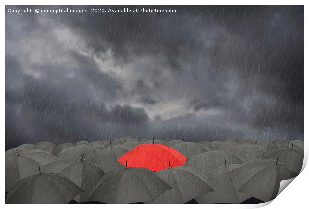 A red Umbrella surrounded by black umbrellas Print by conceptual images