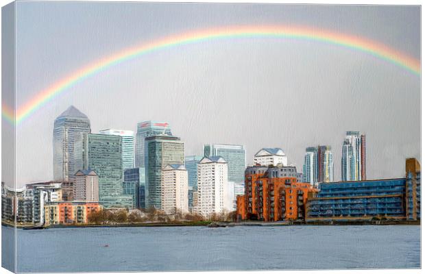 Rainbow over Canary Wharf Canvas Print by Robert Deering