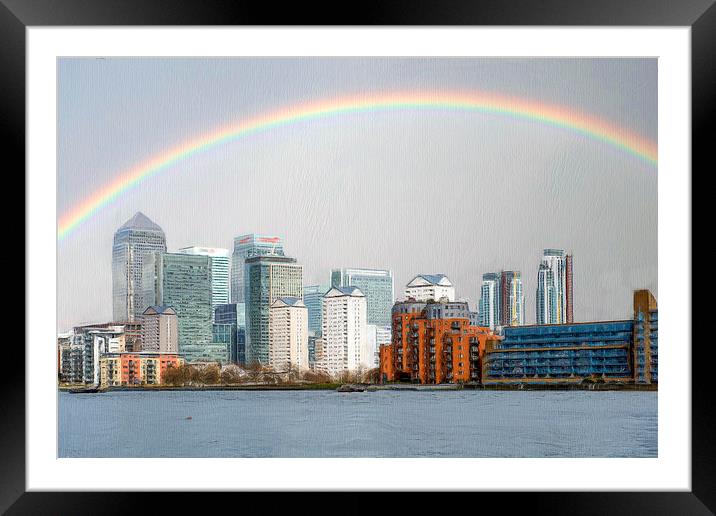 Rainbow over Canary Wharf Framed Mounted Print by Robert Deering
