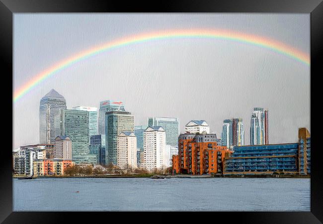 Rainbow over Canary Wharf Framed Print by Robert Deering