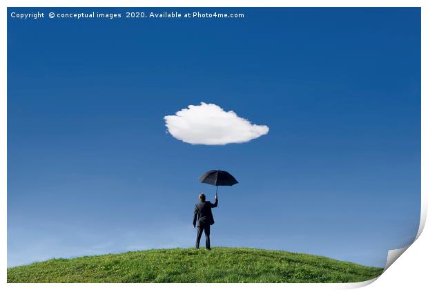 Businessman on a hill holding umbrella  Print by conceptual images