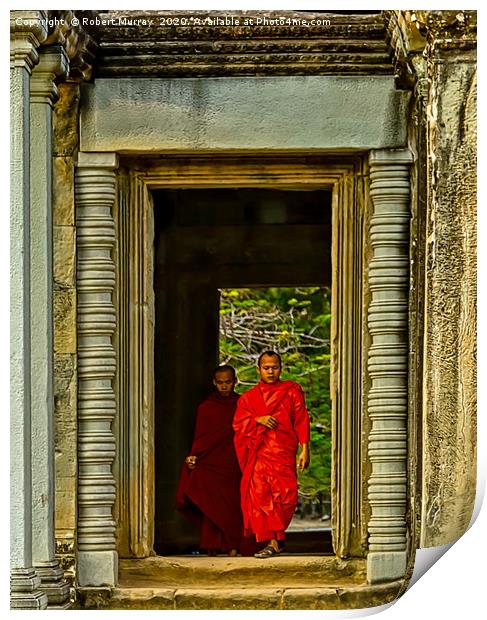 Buddhist Monk and Acolyte, Angkor Wat, Cambodia. Print by Robert Murray