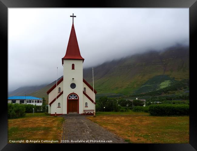 Icelandic Church in the Mist Framed Print by Angela Cottingham