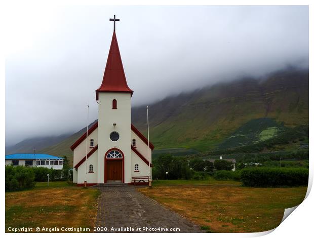 Icelandic Church in the Mist Print by Angela Cottingham