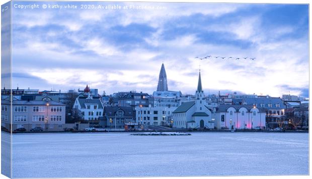 Reykjavik Iceland in the winter with snow Canvas Print by kathy white