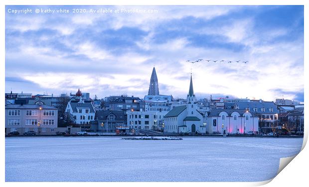 Reykjavik Iceland in the winter with snow Print by kathy white