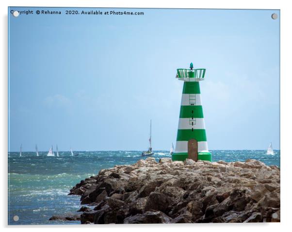 Sailboats speed past Vilamoura Lighthouse, Portuga Acrylic by Rehanna Neky