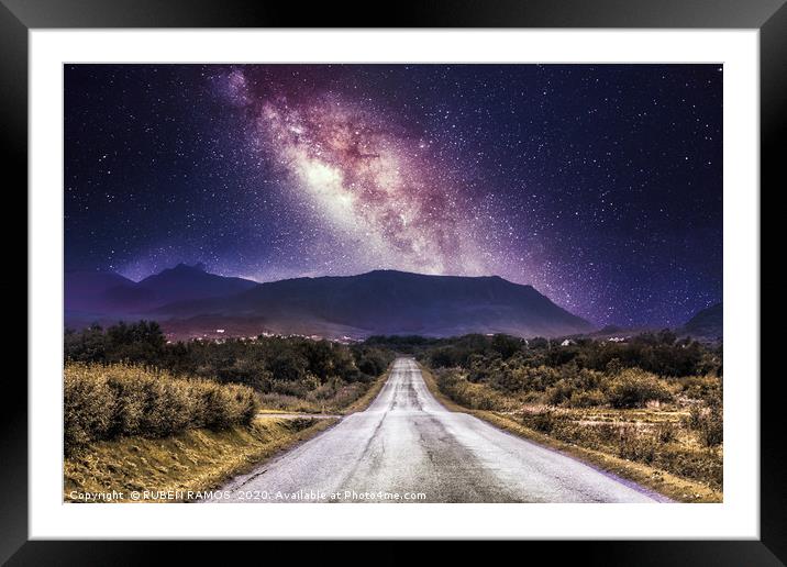 Countryside road with mountains and the milky way  Framed Mounted Print by RUBEN RAMOS