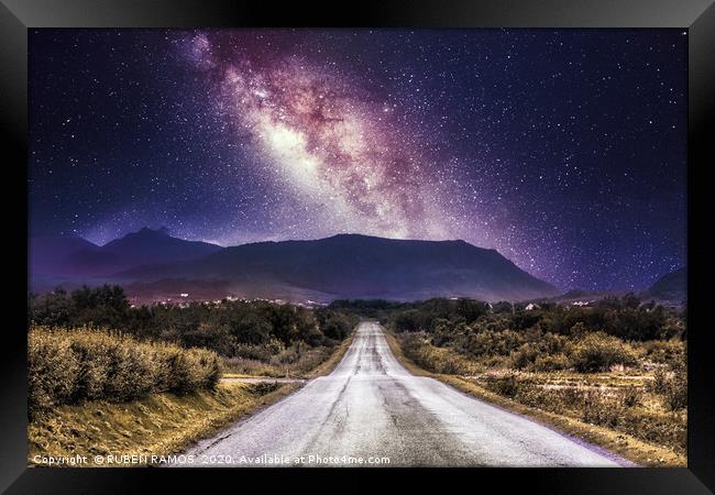 Countryside road with mountains and the milky way  Framed Print by RUBEN RAMOS