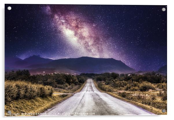 Countryside road with mountains and the milky way  Acrylic by RUBEN RAMOS