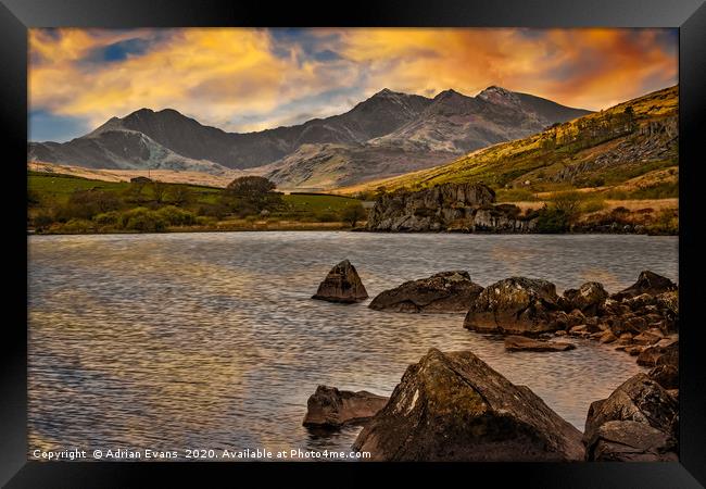 Llynnau Mymbyr And Mount Snowdon Framed Print by Adrian Evans