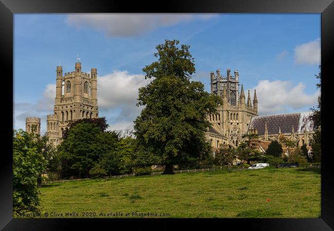 Ely Cathedral from the meadows Framed Print by Clive Wells