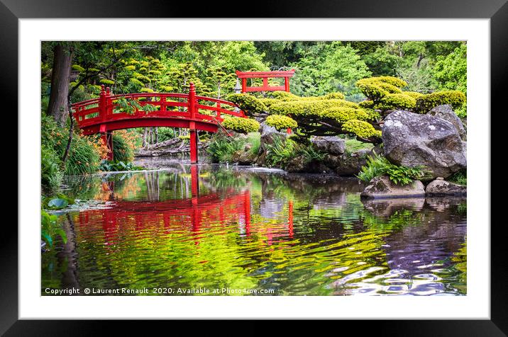 Beautiful japanese garden and red bridge Framed Mounted Print by Laurent Renault