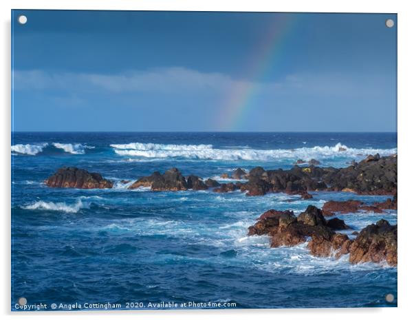 Waves and Rainbow at Puerto de la Cruz Acrylic by Angela Cottingham