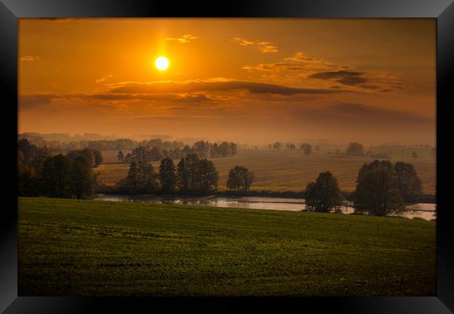 Beautiful sunset over field and forest. Czech Repu Framed Print by Sergey Fedoskin