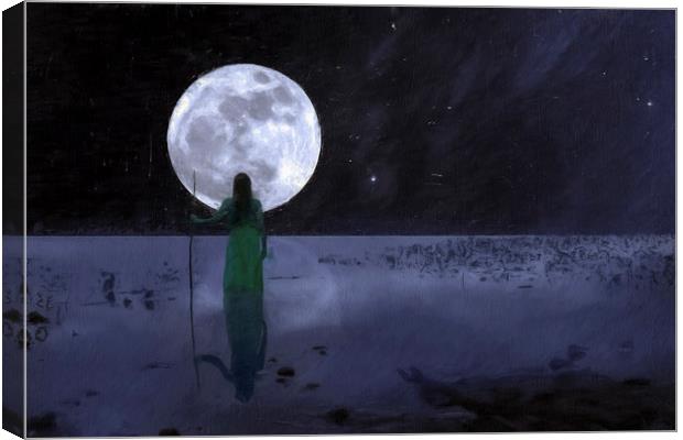 Girl in Lake against the moon Canvas Print by Robert Deering