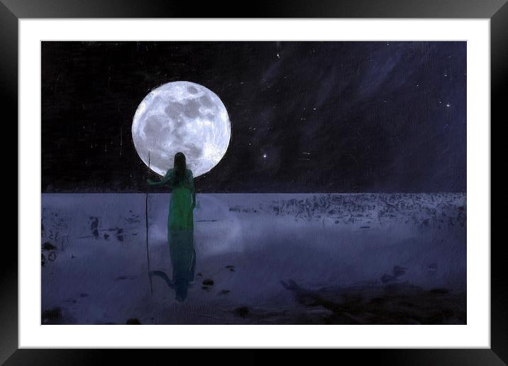 Girl in Lake against the moon Framed Mounted Print by Robert Deering