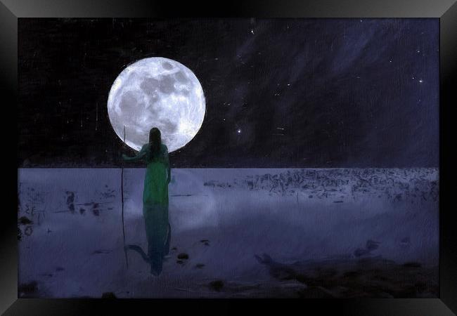 Girl in Lake against the moon Framed Print by Robert Deering