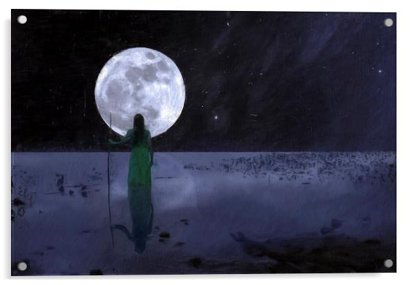 Girl in Lake against the moon Acrylic by Robert Deering