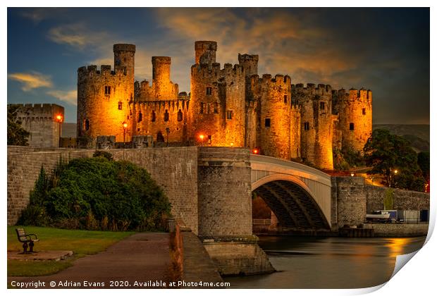 Lights On Conwy Castle Print by Adrian Evans