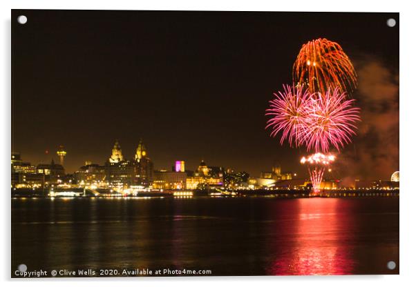 Fireworks over Liverpool waterfront Acrylic by Clive Wells