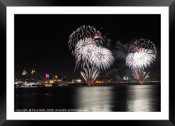 Fireworks over waterfront at Liverpool Framed Mounted Print by Clive Wells