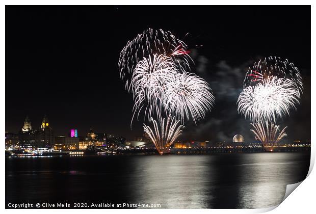 Fireworks over waterfront at Liverpool Print by Clive Wells