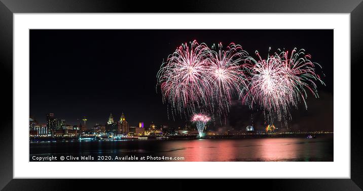Fireworks over the waterfront at Liverpool Framed Mounted Print by Clive Wells
