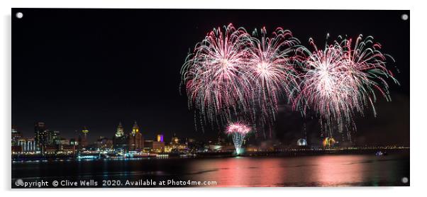 Fireworks over the waterfront at Liverpool Acrylic by Clive Wells