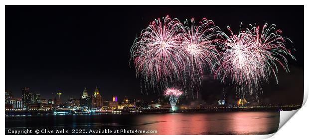 Fireworks over the waterfront at Liverpool Print by Clive Wells