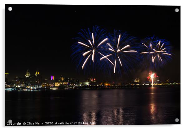 Fireworks high above Liverpool waterfront Acrylic by Clive Wells