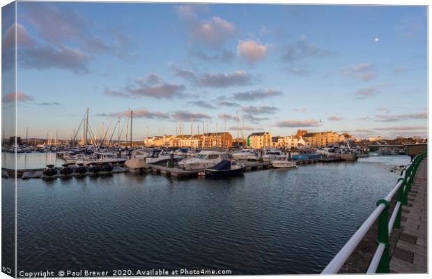 Weymouth Marina with the moon Canvas Print by Paul Brewer
