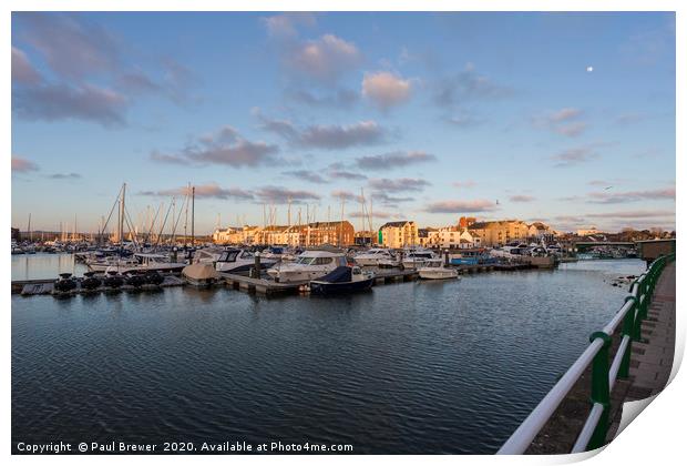 Weymouth Marina with the moon Print by Paul Brewer