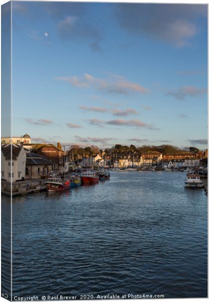 Weymouth Harbour Dorset with the moon Canvas Print by Paul Brewer