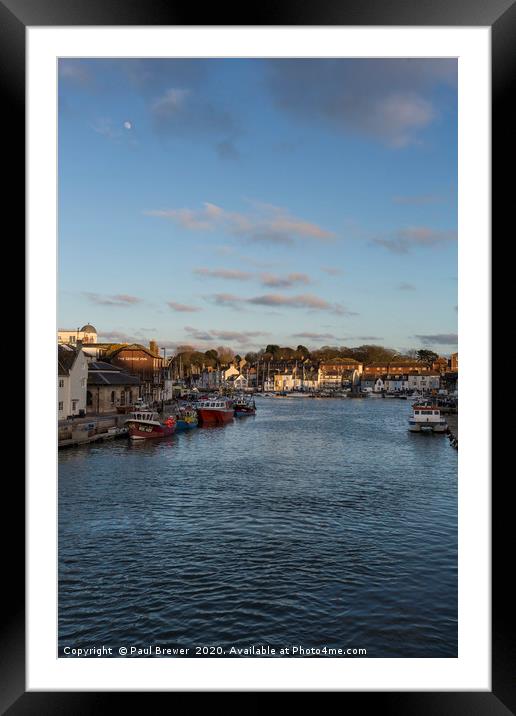 Weymouth Harbour Dorset with the moon Framed Mounted Print by Paul Brewer