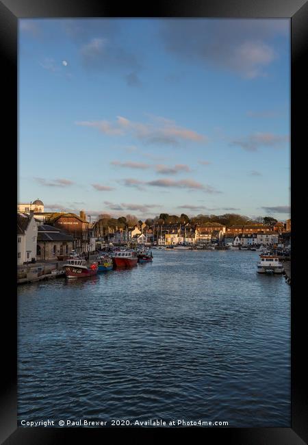 Weymouth Harbour Dorset with the moon Framed Print by Paul Brewer
