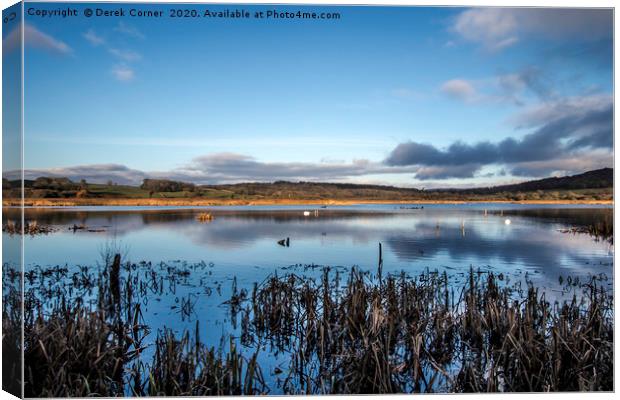 Winter view across the lake towards the reed beds Canvas Print by Derek Corner