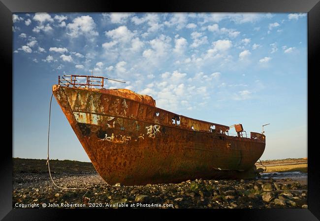 Rusty Wreck, Roa Island Framed Print by John Robertson